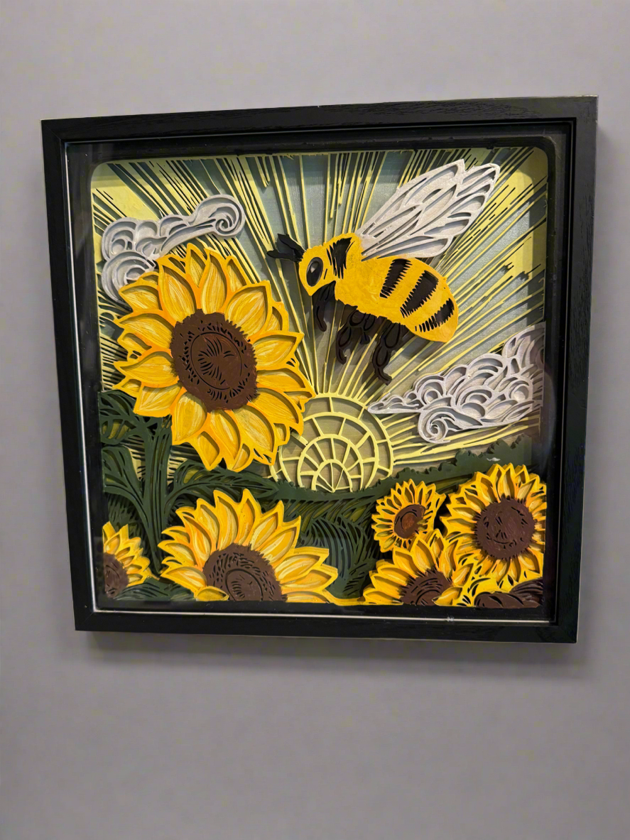 Large layered 3d wood bee sunflower sunset in shadowbox