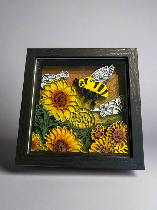 Small 3d hand-painted Layered Bee Sunflower Sunset in frame